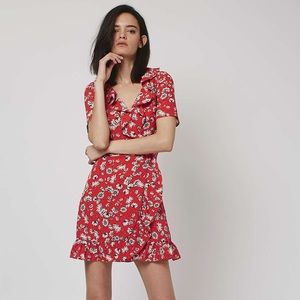 Topshop Red Daisy Ruffle Wrap Tea Dress - size 2